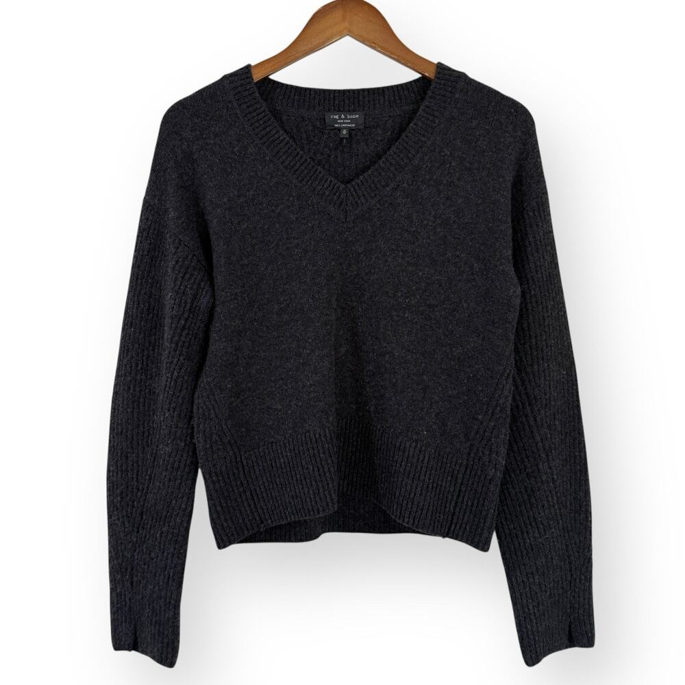 Rag & Bone Charcoal Gray 100% Cashmere V-Neck Sweater M Quiet Luxury Minimalist